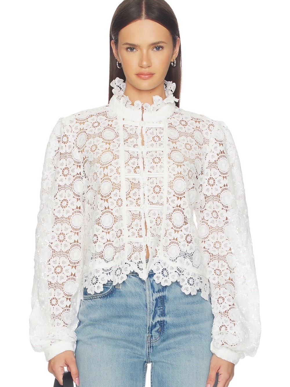 Lioness White Crochet Lace Ruffled-Neck Blouse